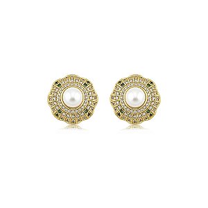 Brinco cravejado de zircônia cristal com pérola shell banho em ouro 18k
