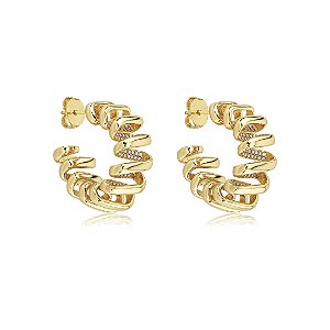 Brinco de argola liso com detalhes cravejado de zircônia cristal banho em ouro 18k