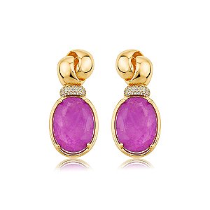 Brinco cravejado de zircônia cristal com pedra fusion fúcsia banho em ouro 18k