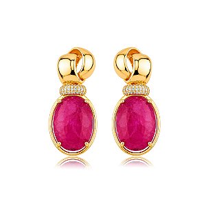 Brinco cravejado de zircônia cristal com pedra fusion rubelita banho em ouro 18k