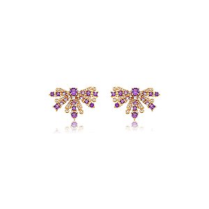 Brinco cravejado de zircônia ametista e cristal banho em ouro 18k
