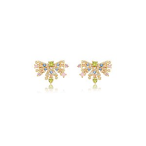 Brinco cravejado de zircônia colorida e cristal banho em ouro 18k