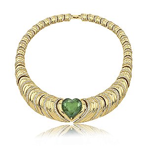 Colar de aro luxo de coração cravejado de zircônia cristal com pedra fusion esmeralda banho em ouro 18k