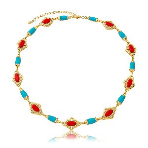 Colar com zircônia cristal e pedra rubi esmaltado banho em ouro 18k