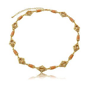 Colar com zircônia cristal e morganita esmaltado banho em ouro 18k