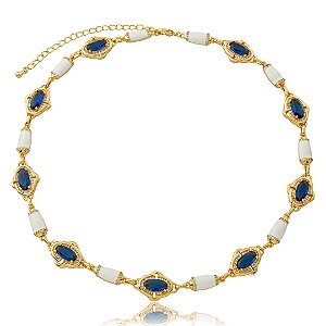 Colar com zircônia cristal e safira esmaltado banho em ouro 18k