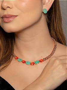 Colar de corrente com zircônia coral e pedra fusion turmalina banho em ouro 18k