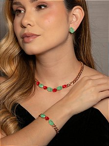 Colar de corrente com zircônia rubi e pedra fusion turmalina banho em ouro 18k