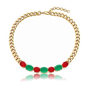 Colar de corrente com zircônia rubi e pedra fusion turmalina banho em ouro 18k
