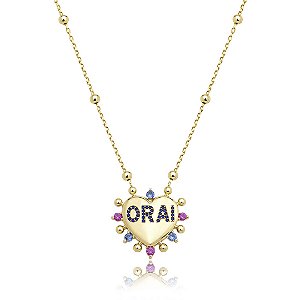 Colar com pingente de coração com zircônia colorida banho em ouro 18k