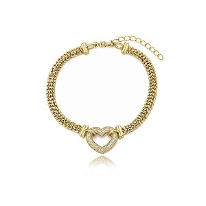 Tornozeleira de coração cravejada de zircônia cristal banho em ouro 18k