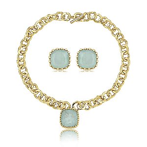 Conjunto luxo de brinco e colar com pingente cravejado com pedra fusion aquamarine banho em ouro 18k