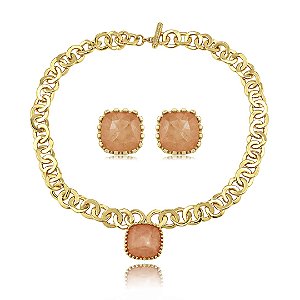Conjunto luxo de brinco e colar com pingente cravejado com pedra fusion morganita banho em ouro 18k