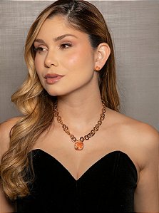 Conjunto luxo de brinco e colar com pingente cravejado com pedra fusion morganita banho em ouro 18k