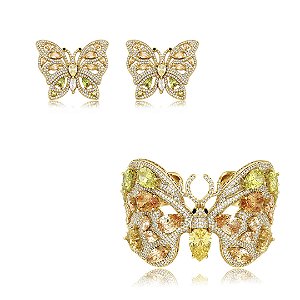 Conjunto luxo borboleta de brinco e colar cravejado de zircônia banho em ouro 18k