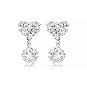 Brinco de coração cravejado de zircônia cristal banho em ródio branco