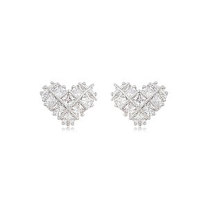 Brinco de coração cravejado de zircônia cristal banho em ródio branco