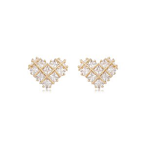 Brinco de coração cravejado de zircônia cristal banho em ouro 18k