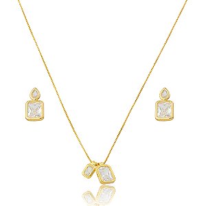 Conjunto de brinco e colar cravejado de zircônia cristal banho em ouro 18k