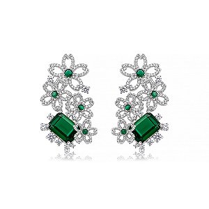 Brinco de luxo flor cravejado de zircônia cristal e esmeralda banho em ródio branco