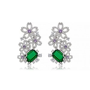 Brinco de luxo flor cravejado de zircônia cristal e esmeralda banho em ródio branco