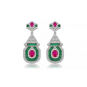 Brinco de luxo cravejado de zircônia cristal e esmeralda banho em ródio branco