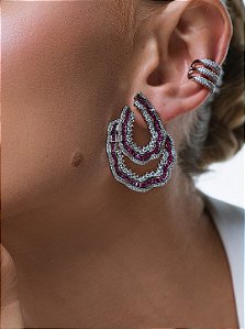 Brinco de luxo cravejado de zircônia cristal e pink banho em ródio branco