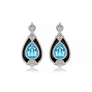 Brinco de luxo esmaltado cravejado de zircônia cristal e acqua banho em ródio branco
