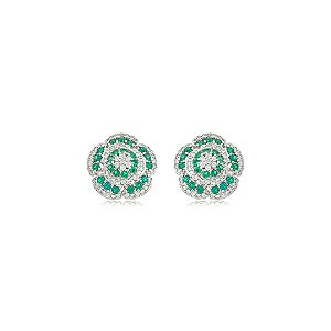 Brinco de base flor cravejado de zircônia cristal e esmeralda banho em ródio branco