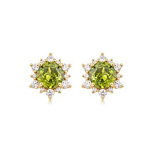 Brinco de base cravejado de zircônia cristal e peridoto banho em ouro 18k
