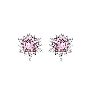 Brinco de base cravejado de zircônia cristal e rosa claro banho em ródio branco