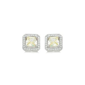 Brinco de base quadrado cravejado de zircônia cristal e yellow fancy banho em ródio branco