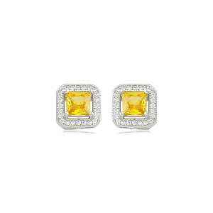 Brinco de base quadrado cravejado de zircônia cristal e yellow banho em ródio branco