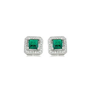 Brinco de base quadrado cravejado de zircônia cristal e esmeralda banho em ródio branco