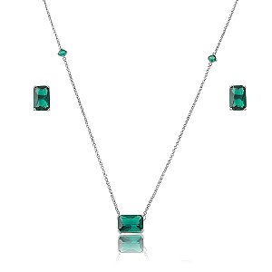 Conjunto de brinco e colar cravejado de zircônia esmeralda banho em ródio branco