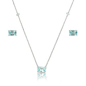 Conjunto de brinco e colar cravejado de zircônia acqua banho em ródio branco