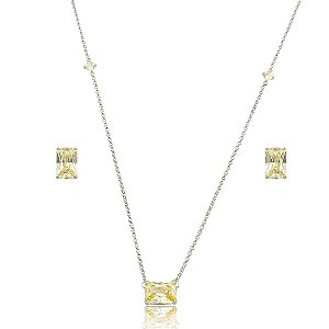 Conjunto de brinco e colar cravejado de zircônia yellow fancy banho em ródio branco