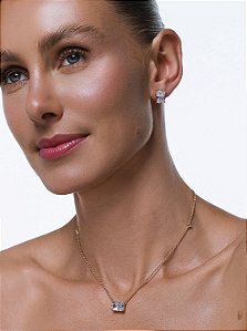 Conjunto de brinco e colar cravejado de zircônia cristal banho em ródio branco