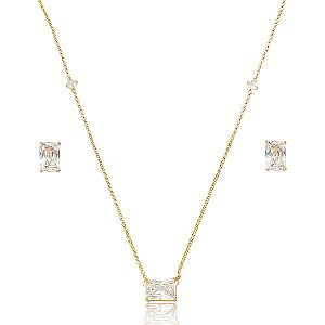 Conjunto de brinco e colar cravejado de zircônia cristal banho em ouro 18k