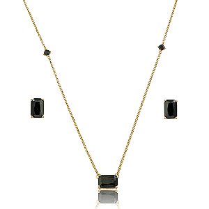 Conjunto de brinco e colar cravejado de zircônia ônix banho em ouro 18k