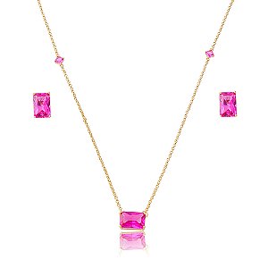 Conjunto de brinco e colar cravejado de zircônia pink banho em ouro 18k