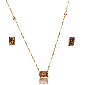 Conjunto de brinco e colar cravejado de zircônia coffe banho em ouro 18k
