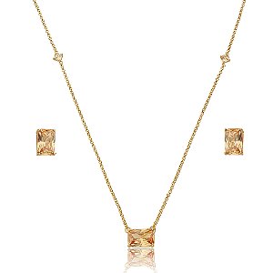Conjunto de brinco e colar cravejado de zircônia champanhe banho em ouro 18k