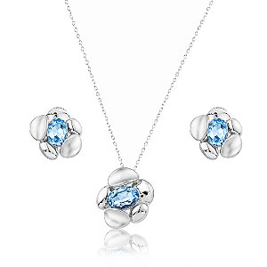 Conjunto flor de brinco e colar cravejado de zircônia topázio banho em ródio branco