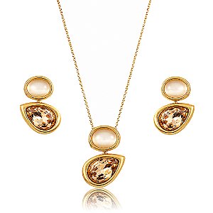 Conjunto gota de brinco e colar cravejado de zircônia morganita e pedra natural banho em ouro 18k