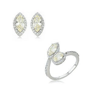 Conjunto de brinco e anel navete regulável com zircônia cristal e yellow fancy banho em ródio branco