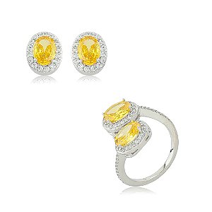 Conjunto de brinco e anel oval regulável com zircônia cristal e yellow banho em ródio branco