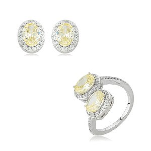 Conjunto de brinco e anel oval regulável com zircônia cristal e yellow fancy banho em ródio branco