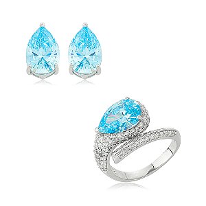 Conjunto de brinco e anel gota regulável com zircônia cristal e acqua banho em ródio branco