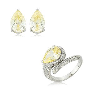 Conjunto de brinco e anel gota regulável com zircônia cristal e yellow fancy banho em ródio branco